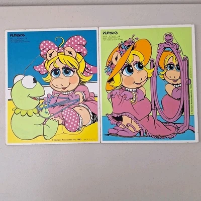 2x VINTAGE 1983 Jim Henson Muppet Babies BABY KERMIT PLAYSKOOL WOODEN PUZZLE  - Image 1 of 4
