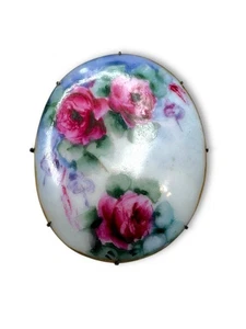 Antique Handpainted Porcelain Fuchsia Rose Brooch Oval - Picture 1 of 8