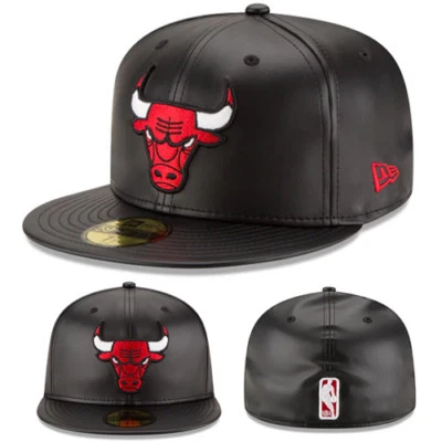 New Era NBA Chicago Bulls 5950 Black Fitted Hat Faux Leather Red Front PU Cap - Image 1 of 4