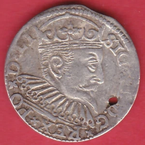 R* POLAND LITHUANIA 3 GROSCHEN 1597 RIGA SIGISMUND III VF/XF DETAILS HOLE #3154 - Picture 1 of 2