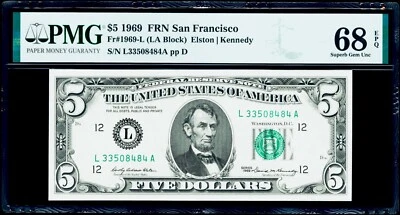 $5 1969 Federal Reserve Note San Francisco Fr#1969-L PMG 68 EPQ Superb Gem UNC. - Image 1 of 3