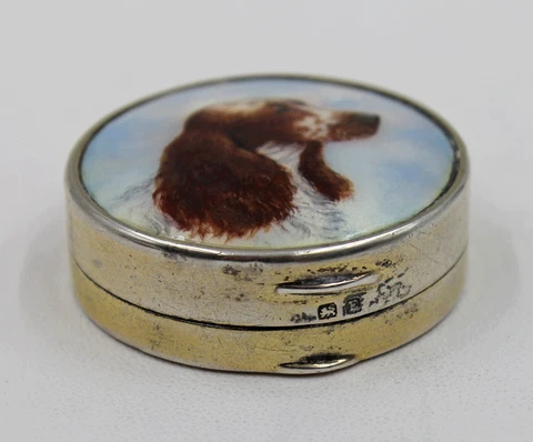 Antique 1929 English Sterling Silver Springer Cocker Spaniel Dog Enamel Box 925 Cover