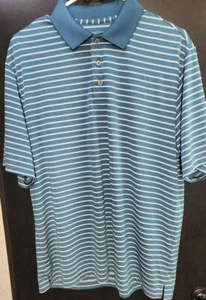 Mens Size Medium Roundtree & Yorke Performance Polo Golf Shirt Blue Striped - Picture 1 of 4