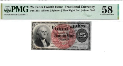 25 Cents Fractional Currency Fr#1303 4th Issue PMG AU 58 - Image 1 of 2