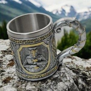 Medieval Mug | Knight's Templar Silver Stainless Steel and Resin Drinking Cup - Picture 1 of 3