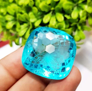 94 Ct Blue Topaz Cushion Football Carving Cut Glass Filled Loose Gemstone - Picture 1 of 5
