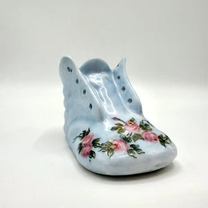 Ceramic Baby Blue Shoe Boot Figurine Hand-Painted with Pink Floral Roses - Picture 1 of 12