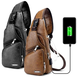 Herren Rucksack Leder Sling Bag Brust Schulter Bauchtasche Crossbody mit USB Anschluss - Bild 1 von 31