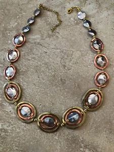 ESTATE SALE: Gold Pink Silver Tri-Color Oval Metal Hammered Necklace 21" - Picture 1 of 4