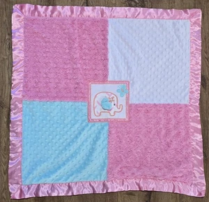 AD Sutton Son Pink Blue White Patchwork Elephant Baby Blanket Satin Minky Dot - Picture 1 of 4