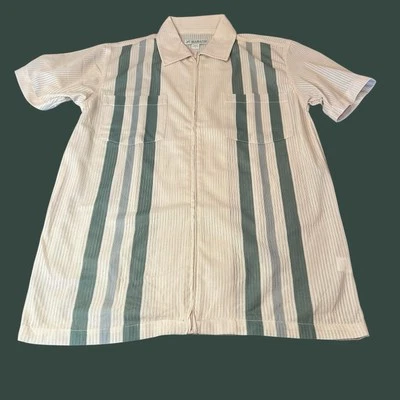Vintage Haband Shirt Mens S Hipster Tan Short Sleeve Full Zip Collar Stripe - Image 1 of 4