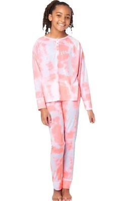 Justice Girls Pajamas Peach Size 12/14 Tie Dye Henley Top And Pants 2 Piece Set - Image 1 of 4