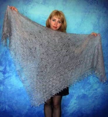Dark Gray Embroidered Russian Shawl, Orenburg Wool Wrap, Warm Cover up, Kerchief - Image 1 of 4