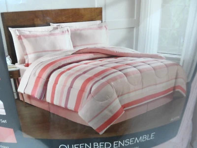 Conjunto de Edredom Queen Austin Rosa/Listra Creme/Sólido Reversível 8 Peças - NOVO - Imagem 1 de 3