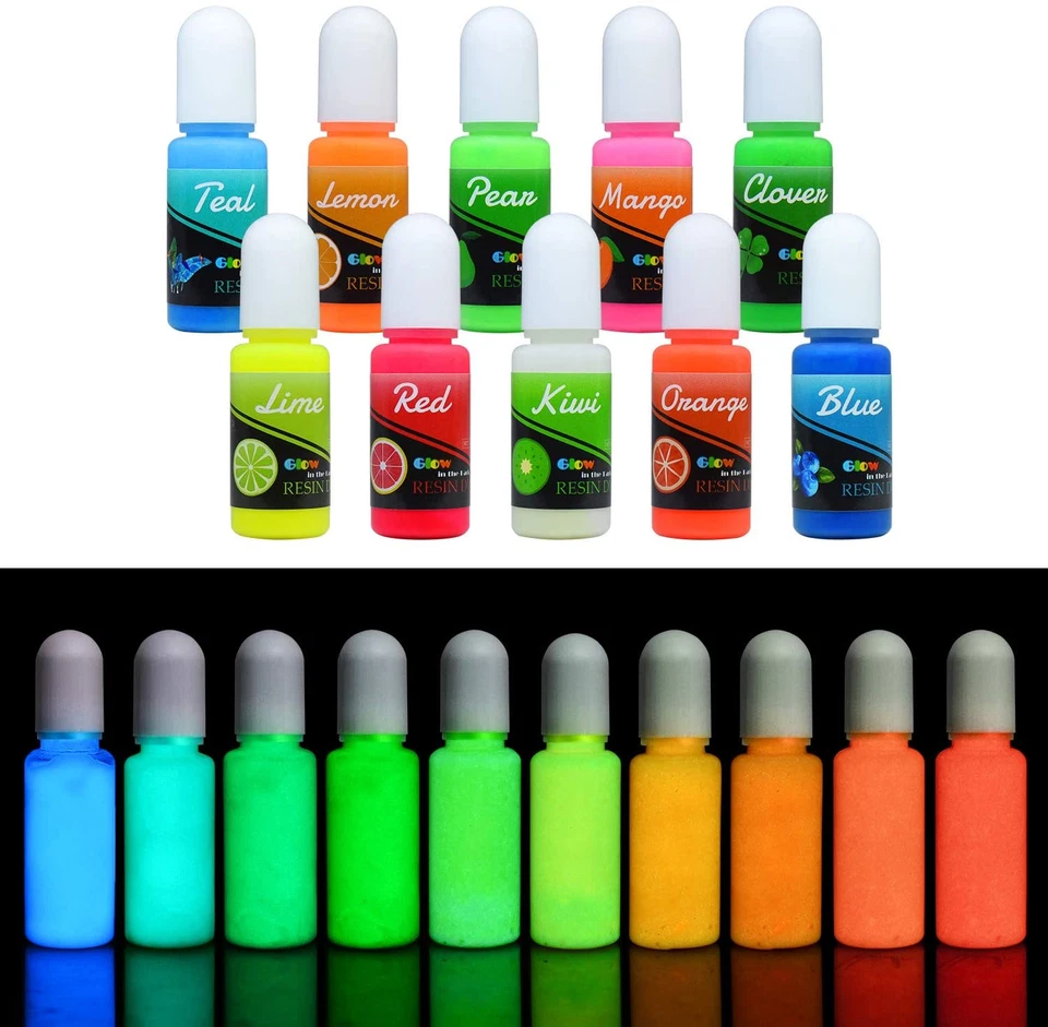 Epoxy UV Resin Colour Pigment - Glow in The Dark Liquid 10 Colors X 10ml