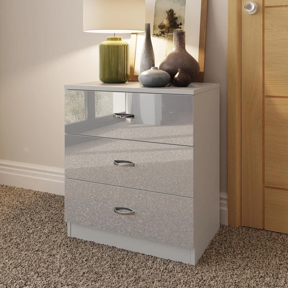 Grey Gloss Large Deep 3 Drawer Bedroom Chest of Drawers. Matt Frame Modern Style