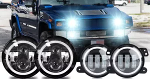 4PCS 7" LED Headlight & 4'' Fog Light Combo Kit For 2006-2010 Hummer H1 H2 H3 - Picture 1 of 10