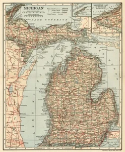 MICHIGAN Map: Authentic 1906 (dated) with Counties, Towns, Topography, Railroads - Picture 1 of 2