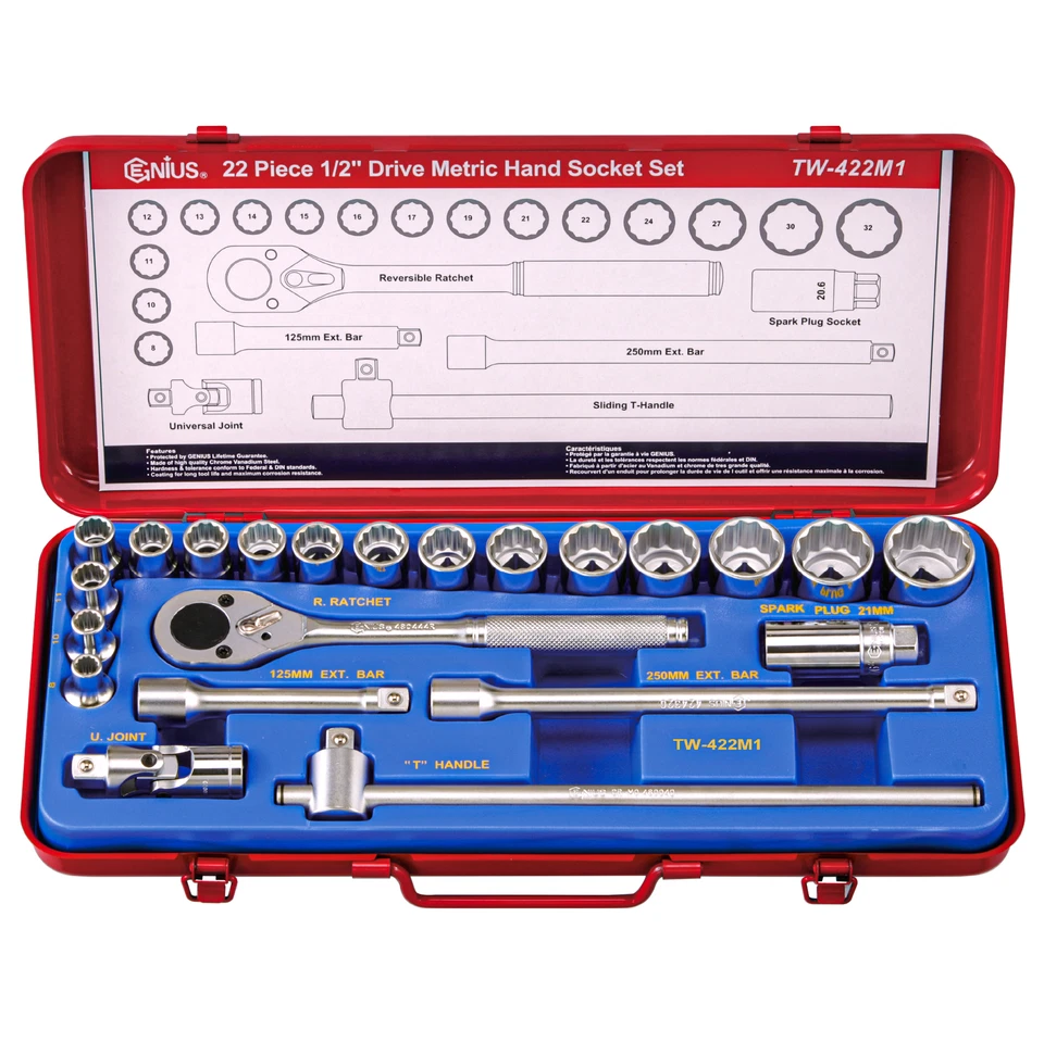 Genius Tools 22 peças 1/2" Dr. Conjunto de soquete manual métrico (12 pontos) - TW-422M1 - Imagem 1 de 1