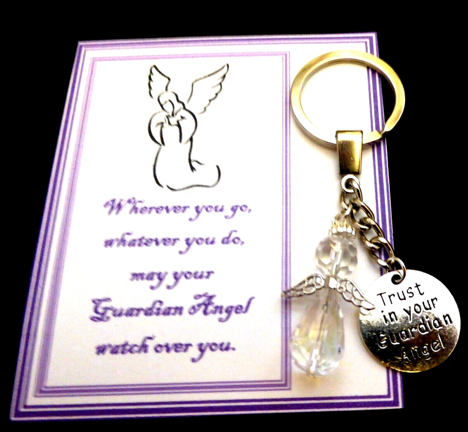 OWN DESIGN "Trust in your Guardian Angel" Remembrance Gift Key Ring on Card as shown