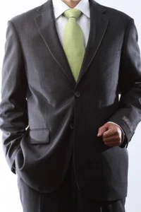 MENS 2 BUTTON GRAY PINSTRIPE WOOL FEEL SUIT FLAT FRT PANT SML-S633012N-63006-GRE - Picture 1 of 6