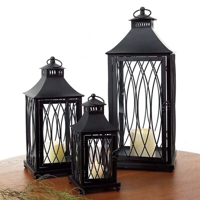 Juego de 3 linternas tradicionales de metal negro a juego decoración clásica 5x11 7x16 9x23" Foto 1 de 4