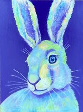 Blue Bunny Original Ooak Oil Pastel Painting  12 X 16 X 1/2“ RICKY MARTIN