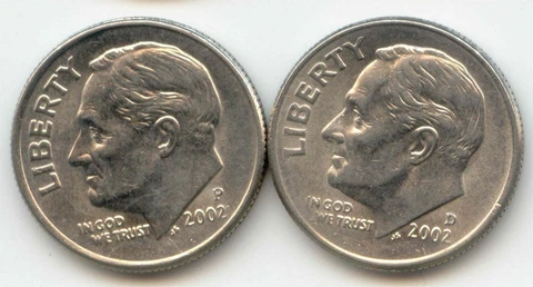 USA 2002 D + 2002 P American Dime 10c Ten Cent Roosevelt 2002D 02P     EXACT SET Cover