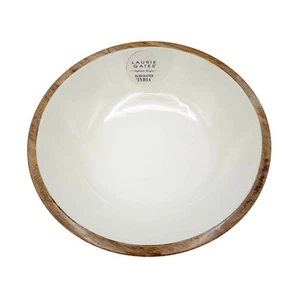 Laurie Gates White Enameled Bowl With Natural Mango Wood 12 Inch Diameter - Picture 1 of 7
