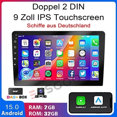 9" DAB+ ChatGPT Android 15 2+32G Carplay Autoradio Navi WiFi BT RDS 2 DIN Kamera - Bild 1 von 4
