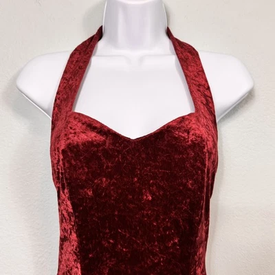 Vintage All That Jazz Dress Crushed Velvet 90’s Halter side slit Burgundy Med - Image 1 of 4