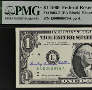 1969 $1 FRN PMG 65EPQ - Treasurer Eleston Autograph - Low Serial Number 00000979 - Picture 1 of 3