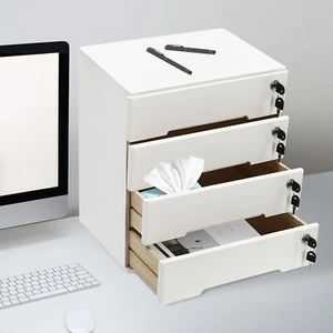 4 Tiers White Wooden Desktop Storage Box With Lockable Drawers Flat File Cabinet - Picture 1 of 12