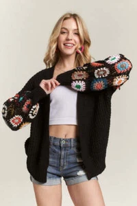 ADORA Full Size Contrast Crochet Open Front Long Sleeve Cardigan Plus Size - Picture 1 of 11