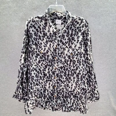 Top de mujer Jaclyn Smith 1X negro blanco estampado de leopardo con botones cuello preppy Foto 1 de 4