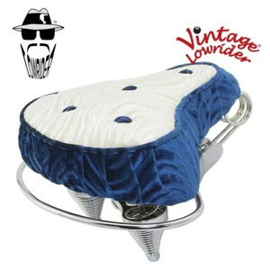 VINTAGE ORIGINAL LOWRIDER BICYCLE CRUISER 5 BUTTON VELOUR SADDLE BLUE/WHITE. - Picture 1 of 1