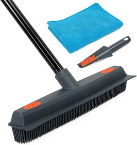 Pet Hair Removal Rubber Broom with Squeegee – Carpet Rake for Fur & Hardwood - Picture 1 of 8