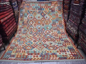 Alfombra oriental Kilim tinte vegetal tribal tejida a mano azul afgano rojo 7x10 pies - Imagen 1 de 12