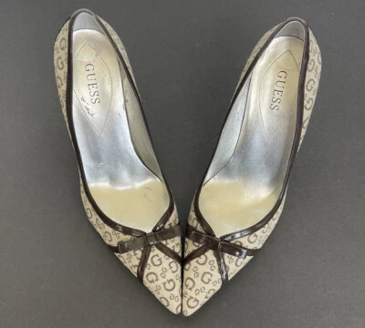 Guess Gabby Heels 8.5 M Beige Slip On Pumps Monogram Fabric Stiletto EXCELLENT - Image 1 of 4