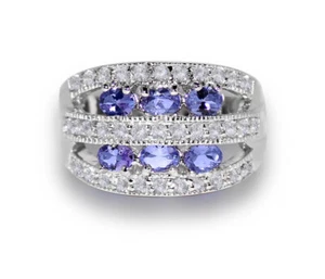Natural Tanzanite & White topaz Cluster sterling silver 14k White gold over Ring - Picture 1 of 3