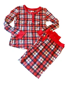 Lanz Womens Red/White/Blue Plaid Pajama Set M 100% Cotton Long Sleeve Top & Pant - Picture 1 of 5