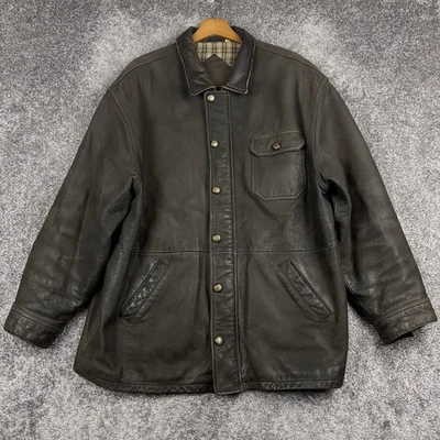 VTG Roundtree & Yorke Leather Chore Jacket Men's XL Flannel Lined Full Zip Snap - Image 1 of 4