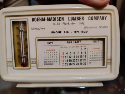 Termómetro calendario de escritorio vintage Boehm-Madisen madera Milwaukee Wisconsin años 70 Foto 1 de 4