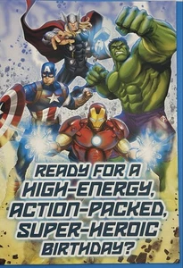 AVENGERS KID’S BIRTHDAY GREETING CARD W/ MUSIC  LARGE COLORFUL PICS/FUN MUSIC - Picture 1 of 2