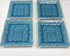 Roscher Stoneware Pineapple Turquoise Square Salad Plates Set of (4)