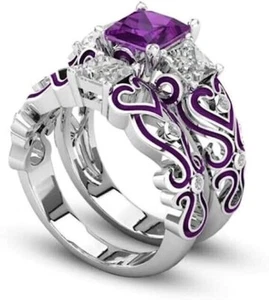 Princess Cut Amethyst Lab Created Diamond Wedding 14K White Gold Finish Ring Set - Picture 1 of 6