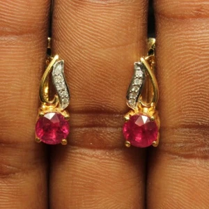 AAA+ Ruby Round Cut Gemstone 925 Sterling Silver Gold Plated Women Stud Earrings - Picture 1 of 4
