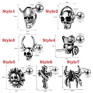 1 Pair 16G Vintage Stainless Steel Stud Earrings Skull Ear Helix Tragus Piercing