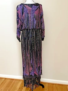 Vintage 80s Long Black Chiffon Dress Gold Stripe Pink Purple Rhinestone 6 8 M - Picture 1 of 6