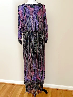 Vintage 80s Long Black Chiffon Dress Gold Stripe Pink Purple Rhinestone 6 8 M - Image 1 of 4
